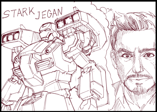 1boy beard clenched_hand collared_shirt facial_hair fusion gundam gundam_unicorn imagining iron_man jacket kin-san_(sasuraiga) looking_at_viewer marvel marvel_cinematic_universe mecha mecha_focus missile_pod mustache name_connection pun robot shirt short_hair sketch stark_jegan thought_bubble tony_stark