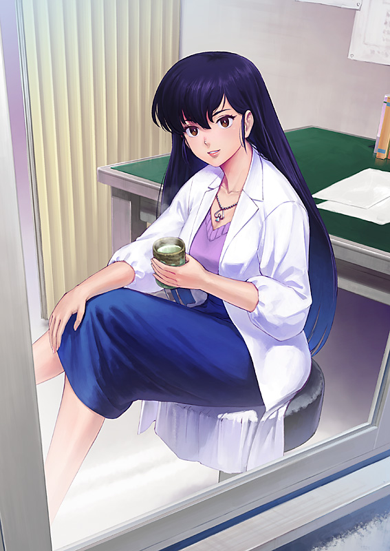 1girl black_hair brown_eyes coat crossed_legs cup desk from_outside indoors infirmary jewelry long_hair long_skirt looking_at_viewer necklace parted_lips pov sakura_(urusei_yatsura) sitting skirt smile solo steam tamaki_g_(artist) urusei_yatsura very_long_hair white_coat window