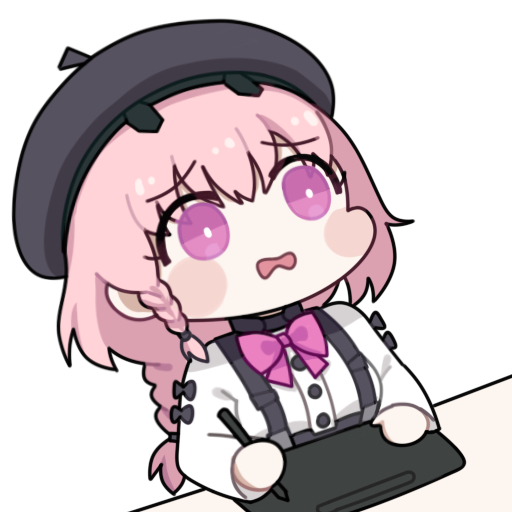 1girl ayla:_brilliance_(pgr) ayla_(pgr) beret black_hat black_suspenders bow bowtie breasts bright_pupils chibi chibi_only chinese_commentary commentary_request drawing_tablet euyueuy hat holding holding_pen long_hair looking_ahead medium_breasts official_art pen pink_bow pink_bowtie pink_eyes pink_hair punishing:_gray_raven shirt simple_background solo upper_body white_background white_pupils white_shirt