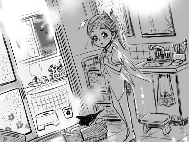 1girl barefoot bathroom bottomless child daiyousei dress_shirt female_focus gensoukoumuten grey_theme greyscale monochrome naked_shirt octopus ponytail sawfish shirt short_hair side_ponytail solo embodiment_of_scarlet_devil touhou undressing wings