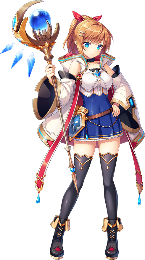 1girl alyssa_(kamihime_project) bad_source belt black_footwear blue_eyes breasts brown_hair collarbone covered_navel full_body game_cg hair_ribbon holding holding_staff kamihime_project light_smile official_art ribbon skirt staff third-party_source transparent_background