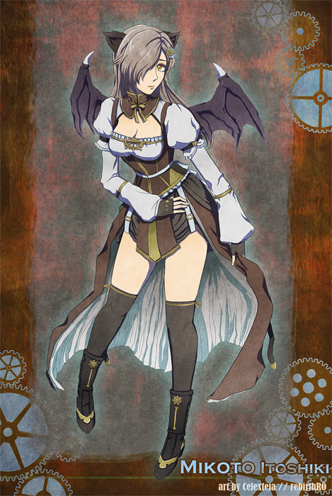 1girl adapted_costume arch_bishop_(ragnarok_online) black_boots black_gloves black_socks black_wings boots breasts brown_background brown_dress brown_eyes brown_hair cleavage_cutout closed_mouth clothing_cutout commentary commission demon_wings dress english_commentary fingerless_gloves full_body gears gloves hair_over_one_eye kneehighs leaning_forward long_hair looking_at_viewer medium_breasts ragnarok_online red_eyes slumberpoppy socks solo standing steampunk white_dress wings