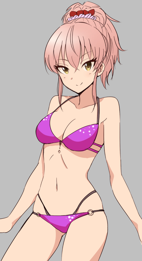 10s 1girl bad_id bad_pixiv_id bikini breasts cleavage female_focus grey_background highleg highleg_swimsuit idolmaster idolmaster_cinderella_girls jougasaki_mika keikesu looking_at_viewer medium_breasts navel o-ring o-ring_bottom pink_hair ponytail purple_bikini simple_background smile solo swimsuit tsurime yellow_eyes