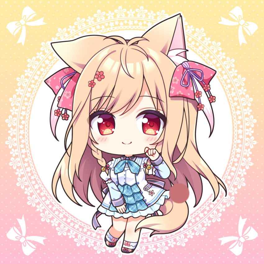 1girl animal_ear_fluff animal_ears black_footwear blue_skirt blush_stickers bow braid chibi closed_mouth collared_shirt commentary_request doily full_body hair_bow hand_up jacket layered_skirt layered_sleeves light_brown_hair long_hair long_sleeves looking_at_viewer mito_kohaku open_clothes open_jacket pink_bow plaid_clothes plaid_skirt pleated_skirt puffy_short_sleeves puffy_sleeves red_eyes ryuuka_sane shirt shoes short_over_long_sleeves short_sleeves skirt sleeves_past_wrists smile socks solo standing standing_on_one_leg tail tayutama_2 twin_braids two_side_up very_long_hair white_jacket white_shirt white_socks