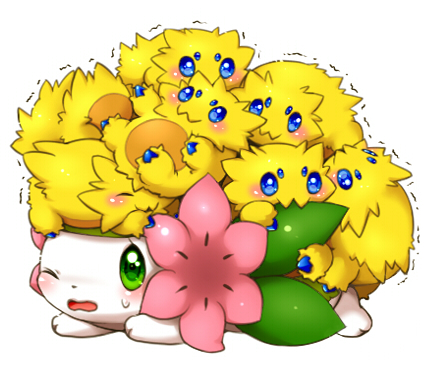 aimi_(aimia492) biting blue_eyes blush creatures_(company) game_freak gen_4_pokemon gen_5_pokemon green_eyes joltik legendary_pokemon lowres mythical_pokemon nintendo no_humans one_eye_closed open_mouth pokemon pokemon_(creature) shaking shaymin shaymin_(land) simple_background sweatdrop trembling white_background