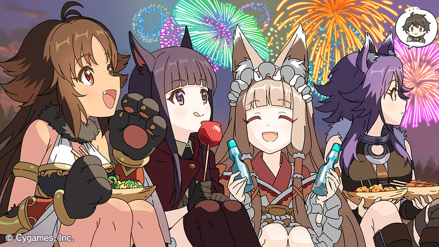 1boy 4girls aerial_fireworks animal_ear_fluff animal_ears animal_hands antenna_hair bare_shoulders bitter_melon blunt_bangs bottle breasts candy candy_apple chicken_(food) chopsticks closed_eyes closed_mouth drink fang fireworks food fox_ears fried_chicken gloves hair_tie holding holding_bottle holding_candy holding_chopsticks holding_drink holding_food kaori_(princess_connect!) kasumi_(princess_connect!) maho_(princess_connect!) makoto_(princess_connect!) multiple_girls official_art open_mouth outdoors paw_gloves princess_connect! purple_hair ramune sitting sky smile speech_bubble thighhighs tongue tongue_out tree wolf_ears yuuki_(princess_connect!)