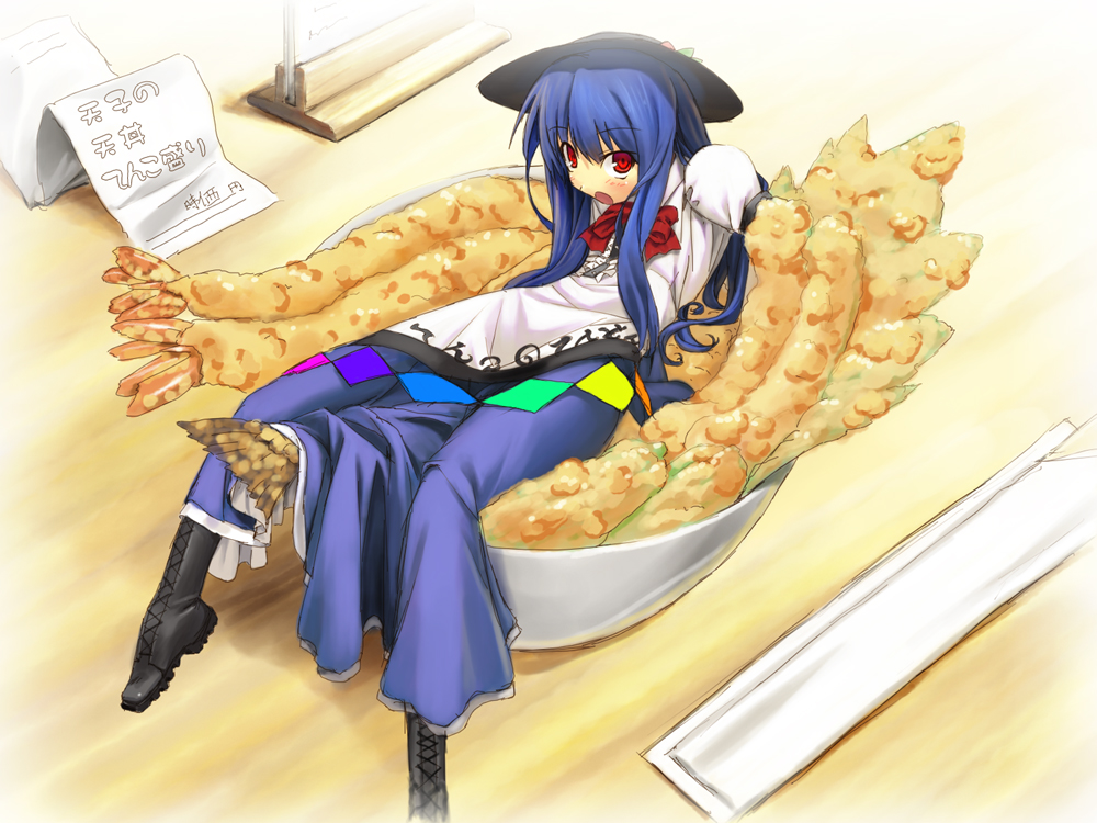 1girl blue_hair blush boots bowl crustacean dress female_focus food fruit hat hinanawi_tenshi in_food long_hair matsuki_akira mini_person minigirl open_mouth peach puffy_sleeves pun red_eyes short_hair short_sleeves shrimp shrimp_tempura sitting solo tempura touhou