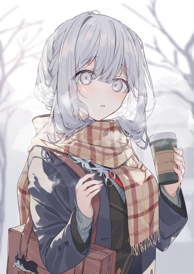 1girl animal_charm bag bare_tree black_jacket blazer blush breasts breath brown_bag brown_scarf cat_charm cup disposable_coffee_cup disposable_cup double-parted_bangs enpera fuyukawa_kagari grey_eyes grey_hair grey_sweater hair_between_eyes hair_intakes hakanai_kimi_wa_moukou_wo_hajimeru holding holding_cup holding_strap jacket kazutake_hazano long_sleeves looking_at_viewer medium_breasts necktie outdoors parted_lips plaid_clothes plaid_scarf red_necktie scarf school_bag shirt short_hair_with_long_locks sidelocks solo sweater tree upper_body white_shirt winter