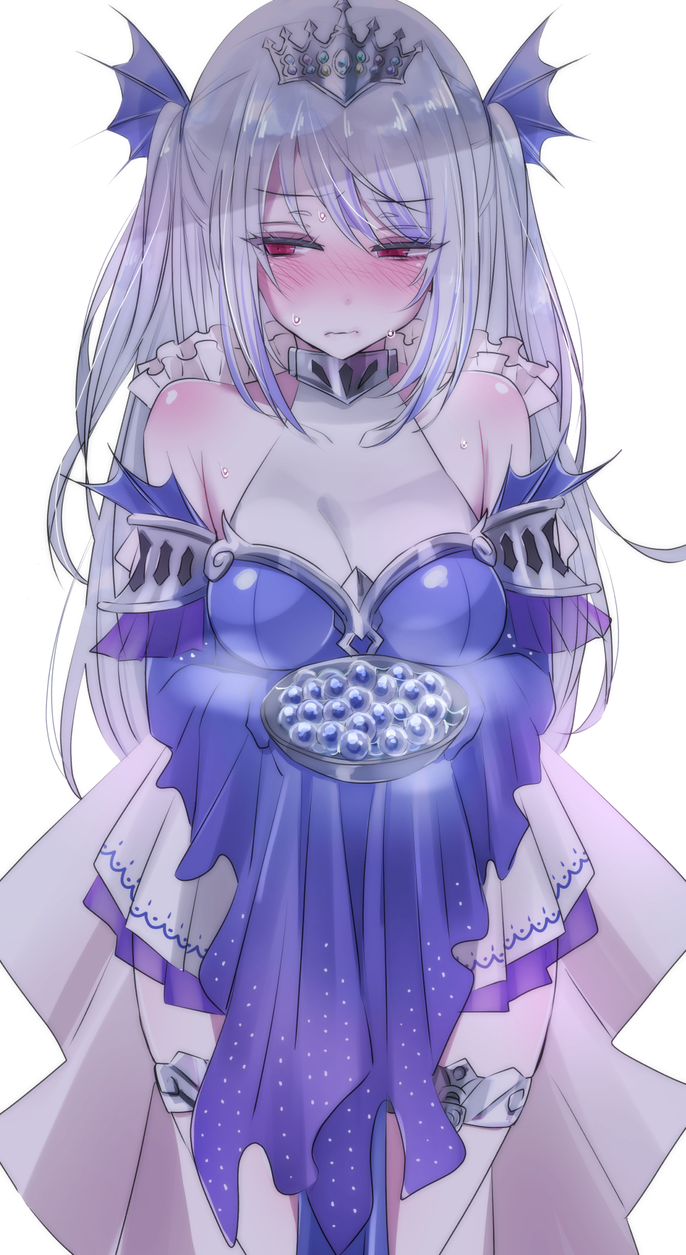 blue_dress blush bowl closed_mouth dress duel_monster egg_laying fins fish_girl hayupipipipi head_fins highres holding holding_bowl long_hair red_eyes tearlaments_scheiren tiara white_hair yu-gi-oh!