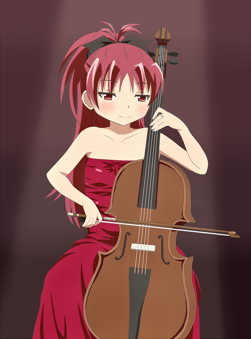 10s 1girl blush bow_(music) cello dress female_focus gradient_background hair_ribbon instrument long_hair mahou_shoujo_madoka_magica mahou_shoujo_madoka_magica_(anime) red_dress red_eyes red_hair ribbon sakura_kyoko shippo_(shishizaru) sitting solo strapless strapless_dress