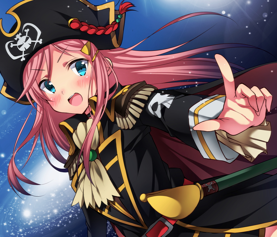 1girl :o ascot black_hat blue_eyes blush capelet cloak epaulettes hair_ornament hairclip hat hat_feather index_finger_raised katou_marika long_hair miniskirt_pirates open_mouth pink_hair pirate pirate_hat sheath sheathed sk02 skull_and_crossbones solo space