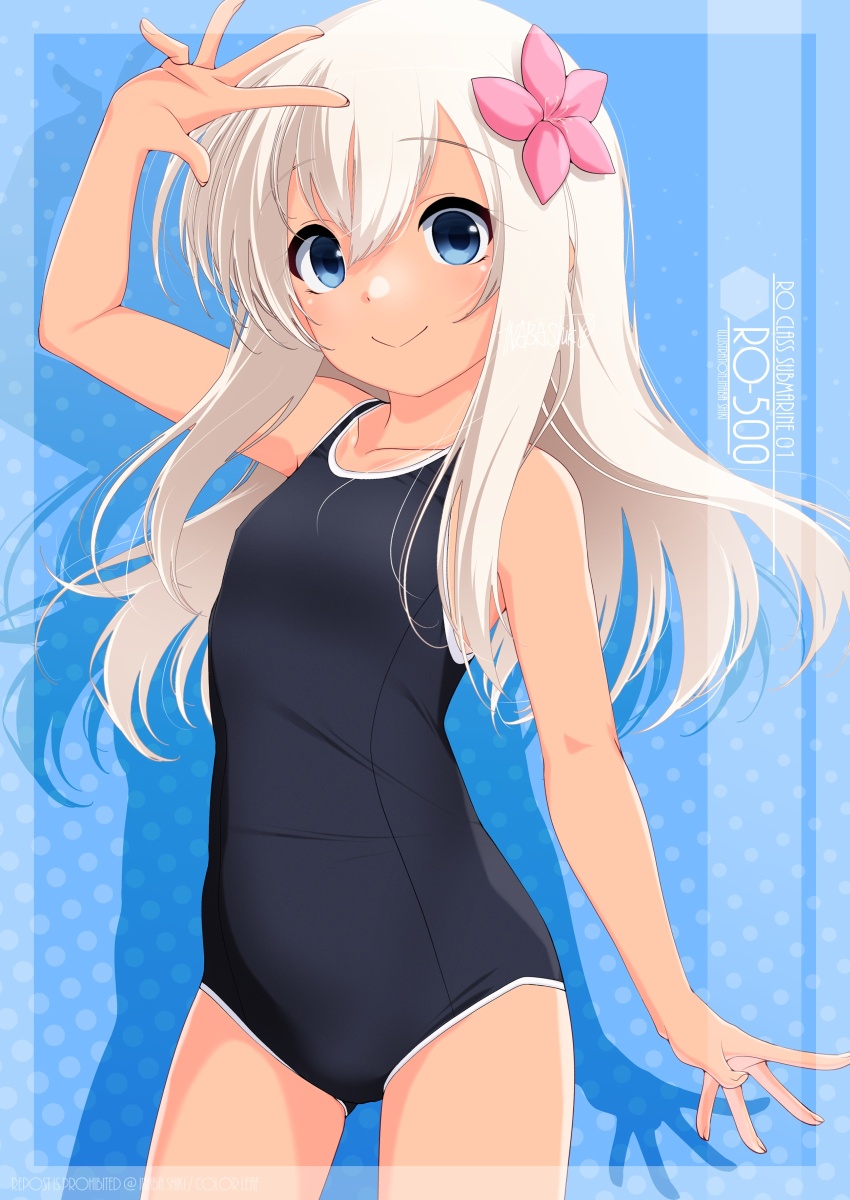 1girl ass blonde_hair blue_background blue_eyes blush breasts character_name cowboy_shot flower hair_flower hair_ornament highres inaba_shiki kantai_collection long_hair looking_at_viewer one-piece_swimsuit one-piece_tan ro-500_(kancolle) school_swimsuit shadow small_breasts smile solo swimsuit tan tanline