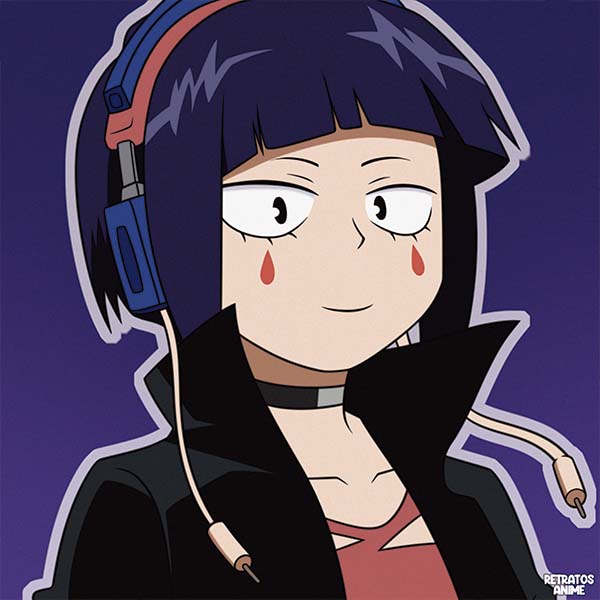 1girl audio_jack black_eyes blunt_bangs boku_no_hero_academia choker gradient_background jacket jirou_kyouka looking_at_viewer purple_background purple_hair retratosanime short_hair simple_background smile solo