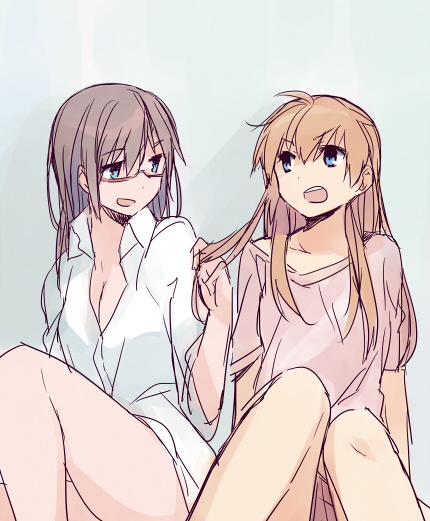 2girls bad_id bad_pixiv_id blue_eyes breasts brown_hair cleavage dress female_focus glasses grabbing_another&#039;s_hair hair_down long_hair makinami_mari_illustrious mizuki_(koko_lost) multiple_girls naked_shirt neon_genesis_evangelion open_clothes open_mouth orange_hair rebuild_of_evangelion red-framed_eyewear serious shirt sitting smile souryuu_asuka_langley t-shirt yuri