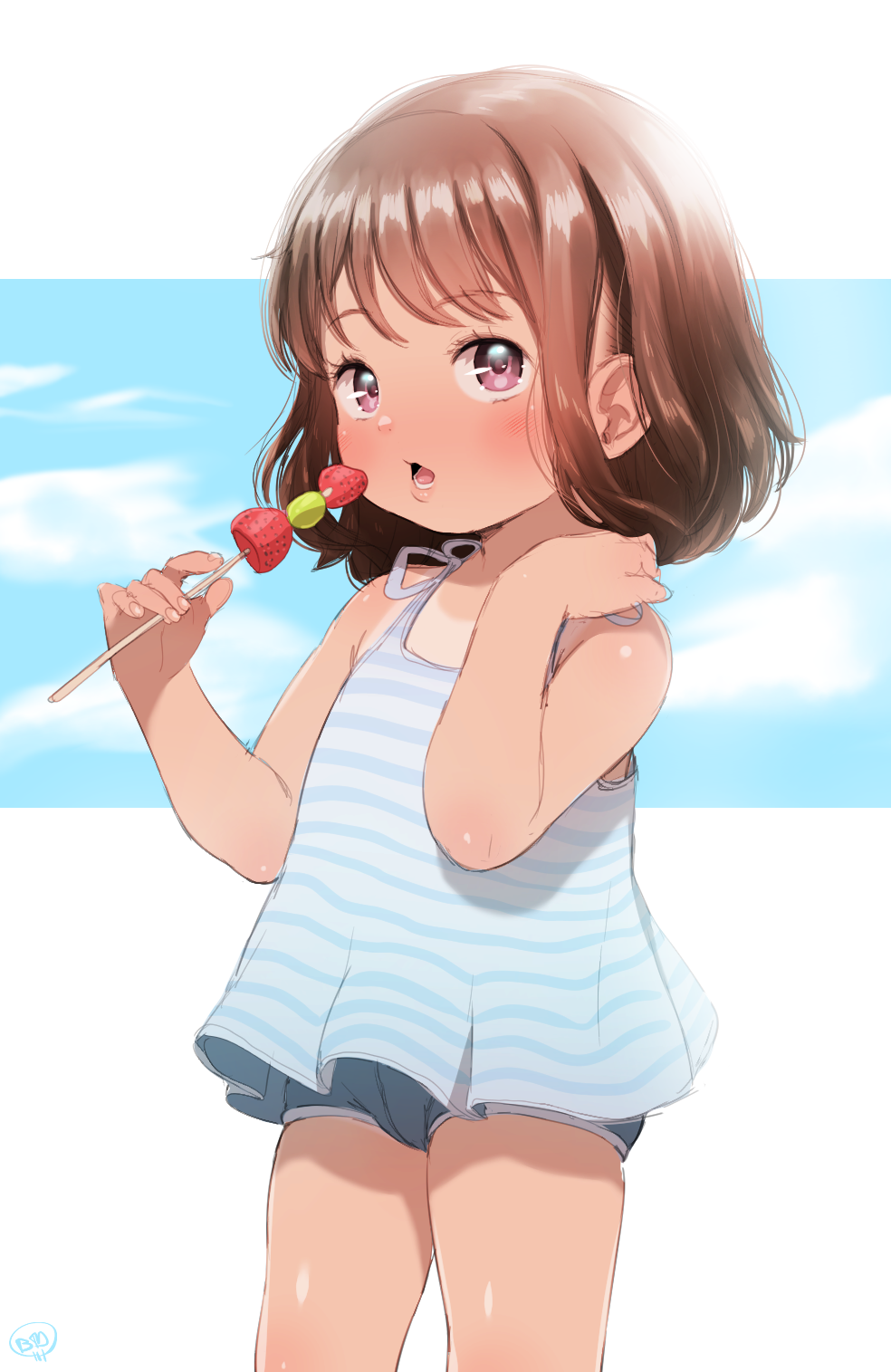 1girl blue_shorts born-to-die brown_hair child commentary cowboy_shot eating food fruit highres looking_at_viewer medium_hair original pink_eyes shirt short_shorts shorts solo strawberry striped_clothes striped_shirt tan tanline