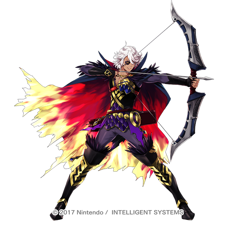 1boy 2017 aiming arrow_(projectile) black_footwear blue_eyes boots bow_(weapon) copyright_name eyepatch feather_trim fire_emblem fire_emblem_fates fire_emblem_heroes flame_print hair_between_eyes holding holding_bow_(weapon) holding_weapon knee_boots male_focus niles_(fire_emblem) niles_(resplendent)_(fire_emblem) nintendo official_alternate_costume official_art suekane_kumiko two-tone_cape weapon white_hair