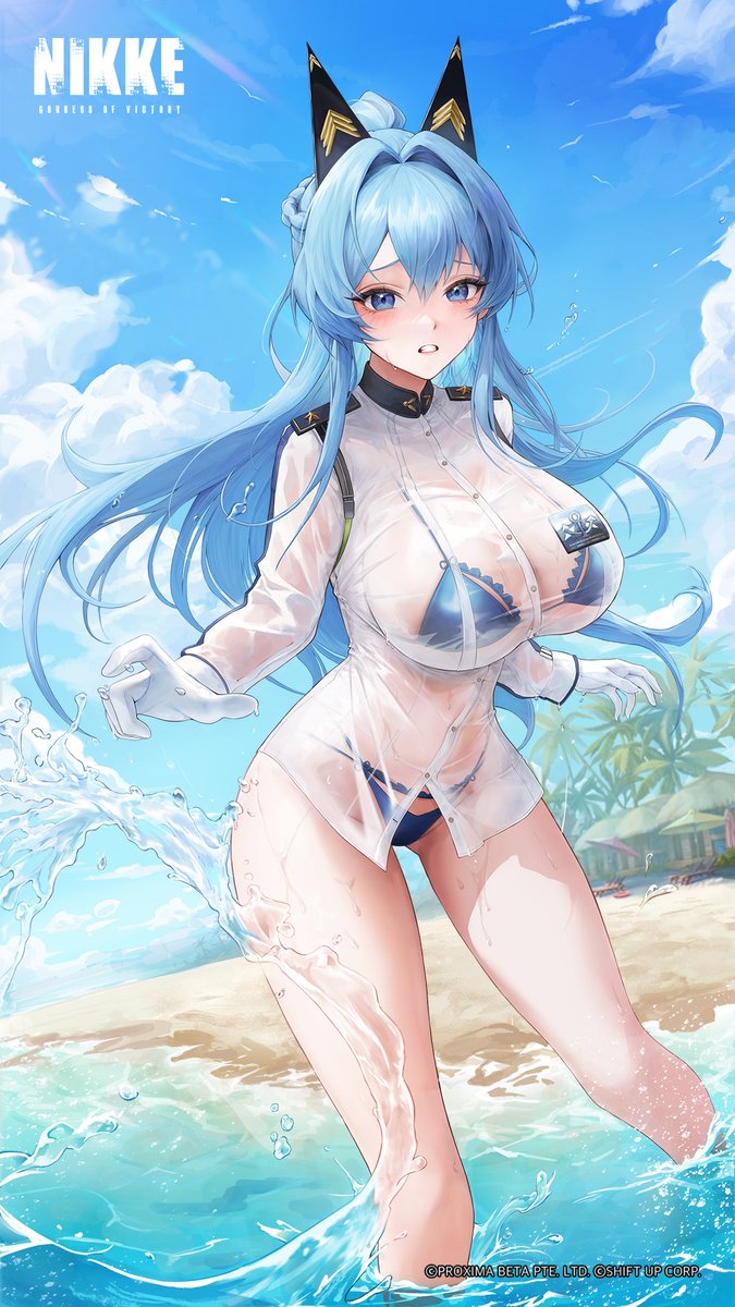 1girl bikini bikini_under_clothes blue_bikini blue_eyes blue_hair blush braid breasts dora_(garyeong) gloves goddess_of_victory:_nikke helm_(aqua_marine)_(nikke) helm_(nikke) highres large_breasts long_hair long_sleeves looking_at_viewer official_alternate_costume palm_tree ponytail see-through_clothes see-through_shirt shirt solo swimsuit thighs tree tropical wet wet_clothes wet_shirt white_gloves white_shirt