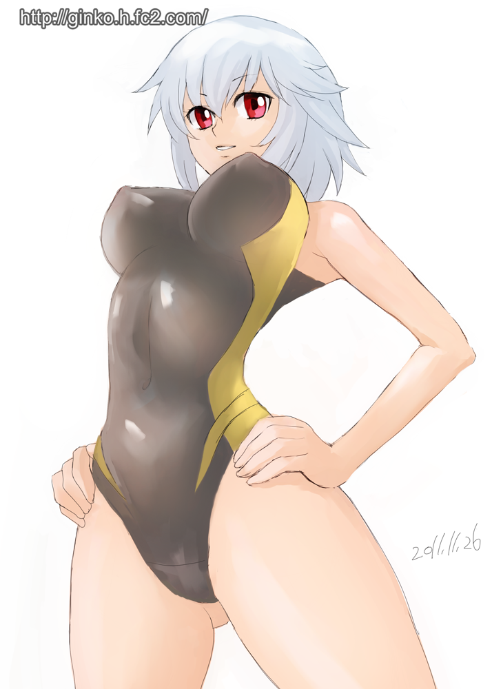 10s 1girl bad_id bad_pixiv_id ben-tou breasts competition_swimsuit female_focus ginko_(silver_fox) hands_on_own_hips large_breasts one-piece_swimsuit red_eyes short_hair silver_hair smile solo swimsuit yarizui_sen