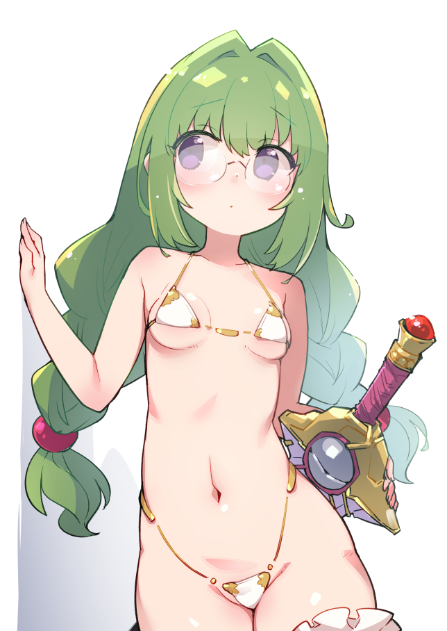 1girl armor bikini bikini_armor braid breasts glasses greatsword green_hair navel philia_felice simple_background small_breasts solo stroma swimsuit sword thighs twin_braids weapon white_background white_bikini