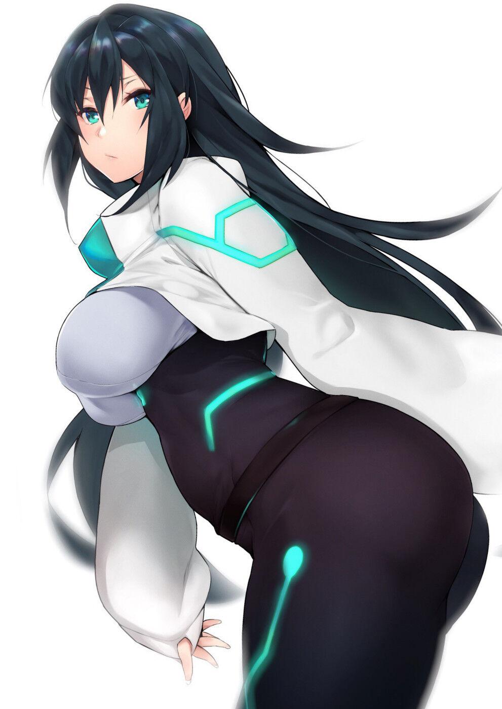 1girl black_bodysuit black_hair bodysuit breasts cropped_legs furrowed_brow glowing green_eyes gundam gundam_build_divers gundam_build_divers_re:rise highres jacket kurowa large_breasts long_hair long_sleeves may_(gundam_build_divers_re:rise) popped_collar simple_background solo white_background white_jacket