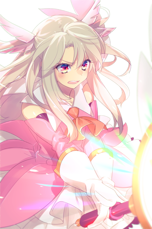 1girl ascot bare_shoulders blush breasts cape dress echo_(circa) elbow_gloves fate/kaleid_liner_prisma_illya fate_(series) feather_hair_ornament feathers gloves hair_ornament illyasviel_von_einzbern kaleidostick layered_gloves long_hair magical_girl magical_ruby open_mouth pink_dress pink_gloves prisma_illya red_eyes sidelocks skirt small_breasts two_side_up wand white_cape white_gloves white_hair white_skirt