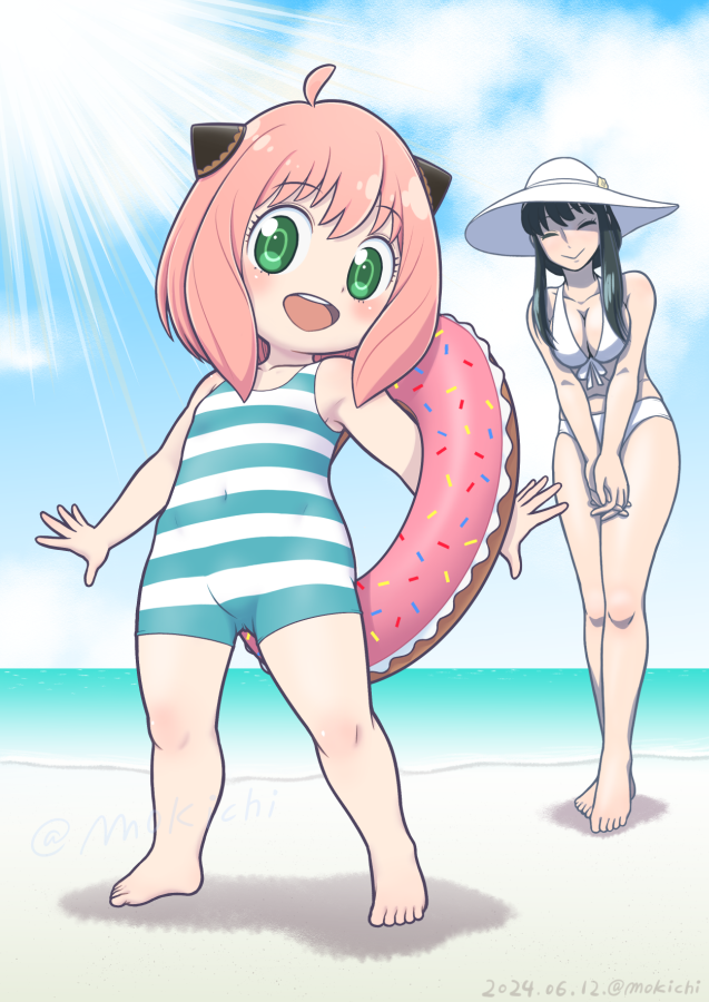 2girls :d anya_(spy_x_family) bikini black_hair blue_one-piece_swimsuit blue_sky breasts cleavage closed_eyes closed_mouth cloud covered_navel doughnut_innertube front-tie_bikini_top front-tie_top full_body green_eyes hairpods hat innertube large_breasts long_hair looking_at_viewer mochi-iri_kinchaku multiple_girls ocean one-piece_swimsuit open_mouth pink_hair sand sky smile spy_x_family striped_clothes striped_one-piece_swimsuit sun sun_hat swim_ring swimsuit two-tone_swimsuit white_bikini white_hat white_one-piece_swimsuit yor_briar