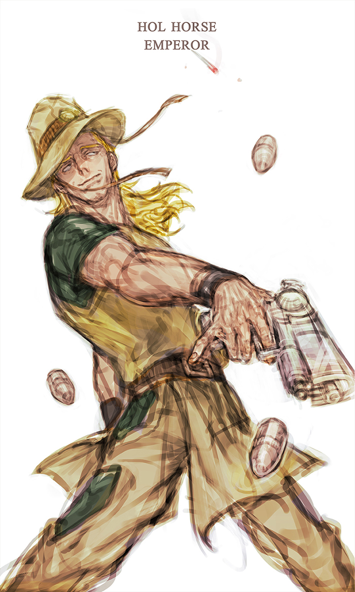 1boy blonde_hair bullet character_name cowboy_hat emperor_(stand) gap_(pdmng) gun hat hol_horse jojo_no_kimyou_na_bouken male_focus simple_background solo stand_(jojo) weapon