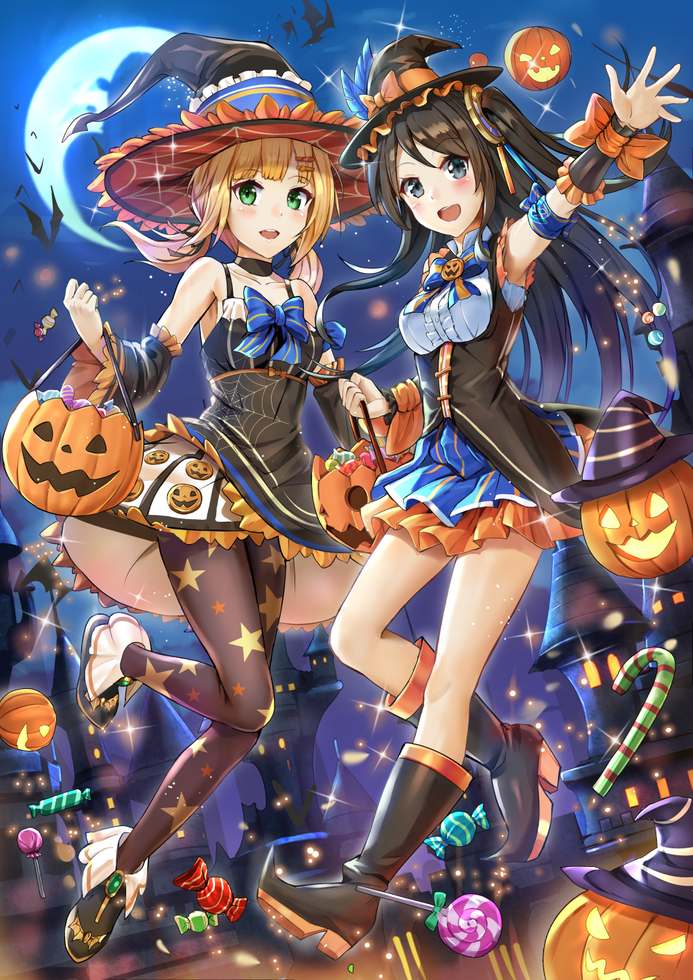 2girls :d armband bare_shoulders basket black_choker black_dress black_footwear black_hat black_legwear blue_bow blue_eyes blush boots bow bracer breasts candy candy_cane castle choker dress food green_eyes hair_ornament halloween hat hat_bow highres himonoata krt_girls lollipop long_hair looking_at_viewer midair moon multiple_girls night night_sky official_art open_mouth orange_bow outdoors pumpkin_print sky small_breasts smile spider_web_print twintails witch_hat wrapped_candy