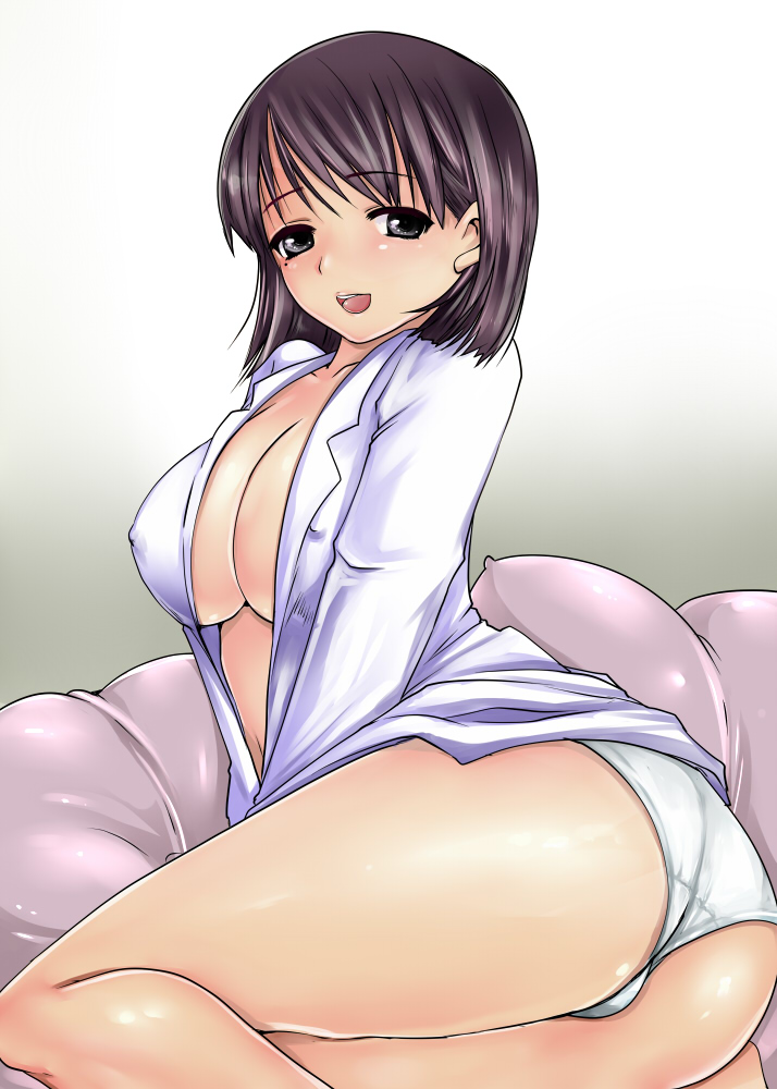 1girl :d anegasaki_nene ass bad_id bad_pixiv_id bottomless breasts brown_eyes brown_hair couch covered_erect_nipples female_focus lagarto large_breasts love_plus mole mole_under_eye nipples no_pants open_clothes open_mouth open_shirt panties shirt simple_background smile solo underwear white_panties