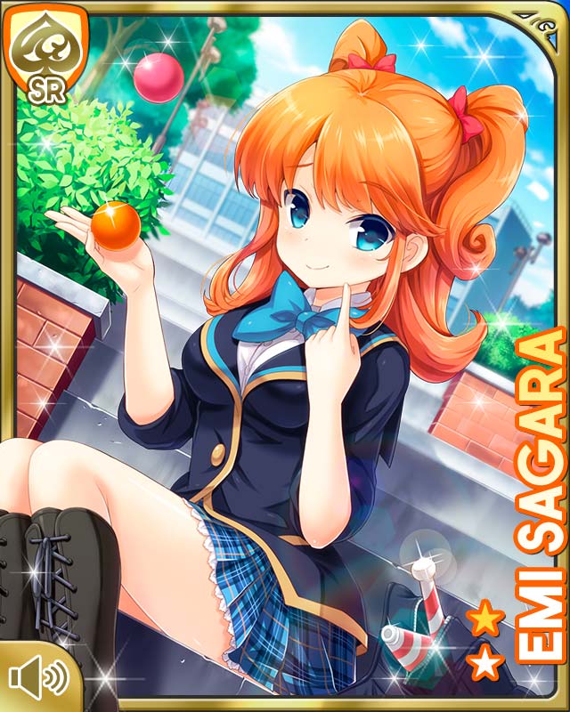 1girl ball bench blue_eyes boots bow bowtie bush character_name closed_mouth girlfriend_(kari) hair_ribbon holding holding_ball juggling legs medium_hair official_art orange_hair plaid_clothes plaid_skirt pleated_skirt qp:flapper ribbon sagara_emi school_uniform seated skirt solo tagme twintails