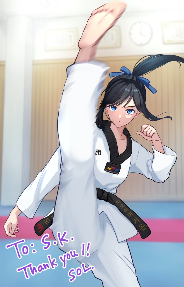 1girl axe_kick barefoot belt black_belt black_hair black_trim blue_eyes blue_ribbon clock commentary commission dojo dougi english_commentary english_text expressionless feet fighting_stance fingernails highres korean_text legs_apart original parted_lips ponytail ribbon second-party_source shion_aoyama skeb_commission sol_(solsalt255) soles solo straight_hair translation_request wall_clock