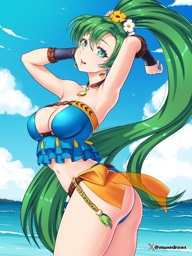 1girl absurdly_long_hair armpits ass beach bikini blue_bikini breasts choker cloud collarbone commentary commission cowboy_shot earrings english_commentary etchimune eyebrows_hidden_by_hair feet_out_of_frame fire_emblem fire_emblem:_the_blazing_blade fire_emblem_heroes flower frilled_bikini_top green_eyes green_hair hair_flower hair_ornament jewelry long_hair looking_at_viewer lyn_(fire_emblem) lyn_(lady_of_the_beach)_(fire_emblem) medium_breasts navel nintendo ocean open_mouth orange_sash ponytail solo swimsuit thighs twitter_username twitter_x_logo very_long_hair