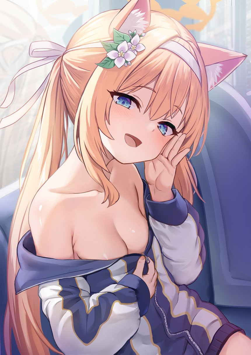 1girl animal_ear_fluff bare_shoulders blonde_hair blue_archive blue_eyes breasts cleavage collarbone flower gym_shirt gym_uniform hair_flower hair_ornament hair_ribbon hairband half-closed_eyes halo hand_on_own_face highres jacket long_hair looking_at_viewer mari_(blue_archive) mari_(track)_(blue_archive) milkshakework multicolored_clothes multicolored_jacket no_bra official_alternate_costume orange_hair ribbon seductive_smile shiny_skin shirt sitting smile solo track_jacket unzipping white_flower yellow_halo