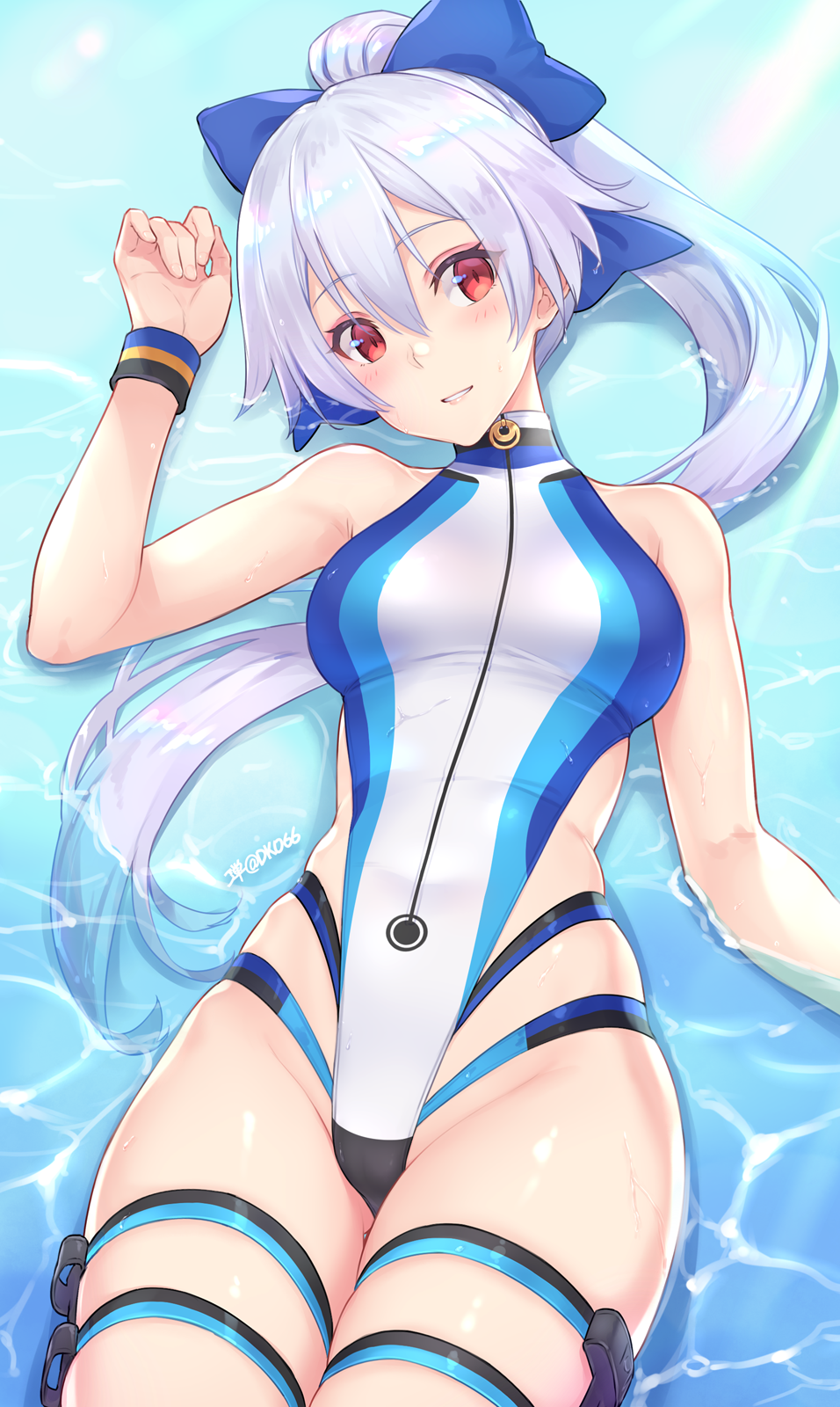 1girl blue_bow blue_one-piece_swimsuit bow breasts dan_(kumadan) fate/grand_order fate_(series) front_zipper_swimsuit hair_between_eyes hair_bow highleg highleg_one-piece_swimsuit highres large_breasts long_hair looking_at_viewer meme_attire one-piece_swimsuit ponytail red_eyes revision swimsuit thighs tomoe_gozen_(fate) tomoe_gozen_(swimsuit_saber)_(fate) tomoe_gozen_(swimsuit_saber)_(first_ascension)_(fate) two-tone_swimsuit white_hair white_one-piece_swimsuit