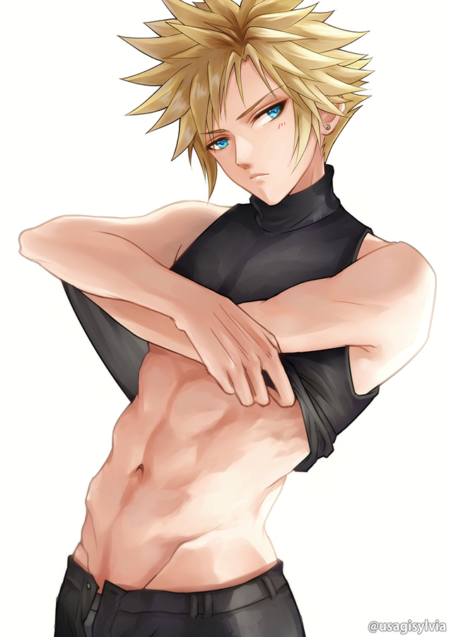 1boy abs bare_shoulders black_pants black_tank_top blonde_hair blue_eyes closed_mouth clothes_lift cloud_strife earrings final_fantasy final_fantasy_vii final_fantasy_vii_remake jewelry male_underwear muscular muscular_male navel pants shirt_lift spiked_hair square_enix stomach sylvia_m tank_top twitter_username underwear white_background