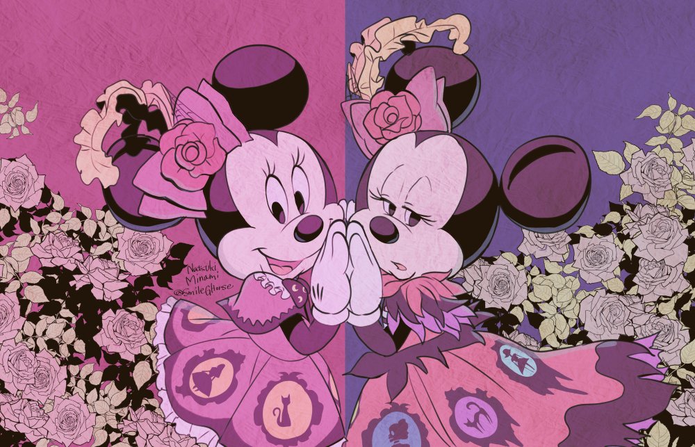 1girl alternate_costume animal_ears bow disney dress dual_persona feathers gloves hair_bow looking_at_viewer minnie_mouse mouse_ears natsuki_nori open_mouth short_sleeves smile solo white_gloves