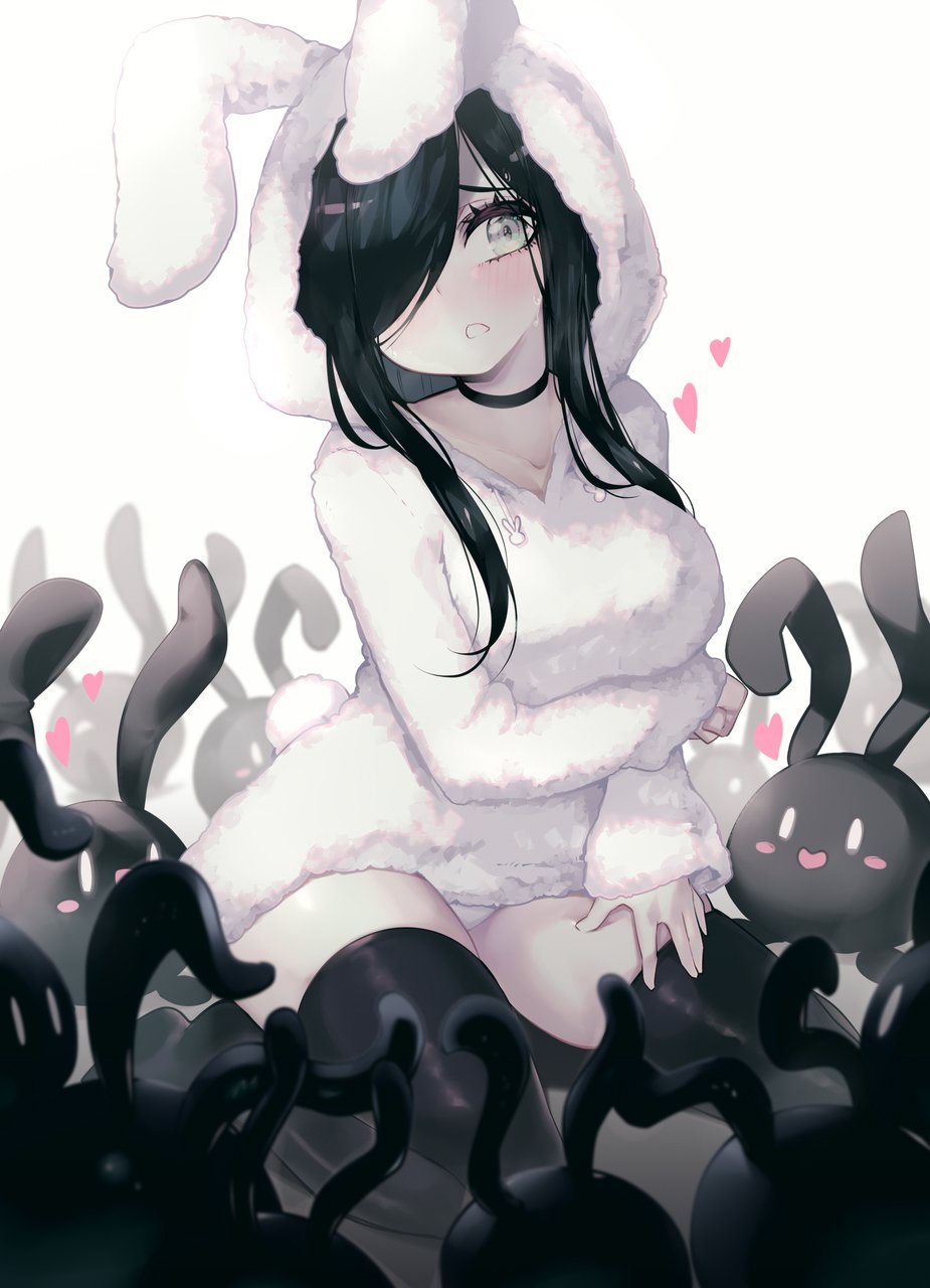 1girl animal_costume animal_ears aria_wintermint arm_under_breasts black_choker black_hair black_thighhighs breasts choker commentary green_eyes hair_over_one_eye highres kneeling large_breasts long_hair panties panty_peek parororo parted_lips rabbit_costume rabbit_ears solo surrounded the_crawling_city thighhighs underwear white_background white_panties