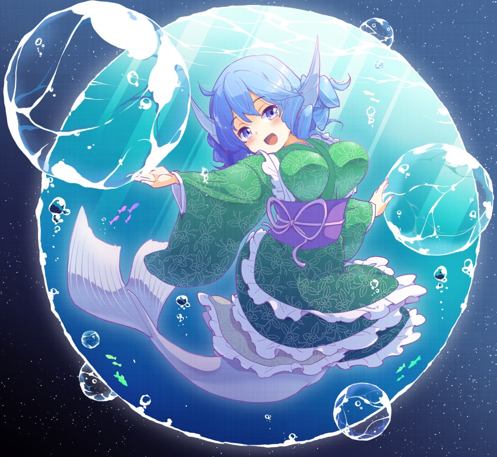 1girl blue_hair breasts bubble large_breasts mermaid monster_girl solo tanasuke touhou underwater wakasagihime