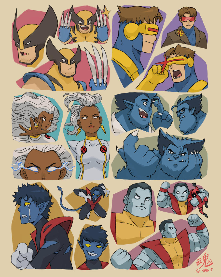 1girl 4boys animification black_bodysuit blue_bodysuit blue_hair blue_skin bodysuit brown_hair claws colored_skin colossus_(x-men) cyclops_(x-men) dark-skinned_female dark_skin deadpool demon_tail doodles earrings facial_hair gloves goatee jewelry lightning_bolt_earrings lightning_bolt_symbol long_hair marvel mask mohawk multiple_boys muscular muscular_male nightcrawler no_pupils open_mouth pointy_ears red_bodysuit red_mask ry-spirit short_hair smile storm_(x-men) superhero_costume tail tears two-tone_bodysuit white_eyes white_hair wolverine_(x-men) x-men yellow_eyes yellow_gloves