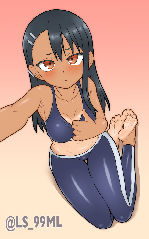 1girl armpit_crease artist_name asymmetrical_bangs bare_shoulders barefoot black_hair blue_pants blue_sports_bra blush breasts brown_eyes cleavage closed_mouth collarbone commission earclip eyelashes feet full_body gradient_background hair_ornament hairclip ijiranaide_nagatoro-san long_hair looking_at_viewer medium_breasts nagatoro_hayase navel one-piece_tan outstretched_arm pants pink_background shadow sidelocks sitting soles solo sports_bra tan tanline thigh_gap thighs toes tsukimaru_(ls_99ml) twitter_username yokozuwari