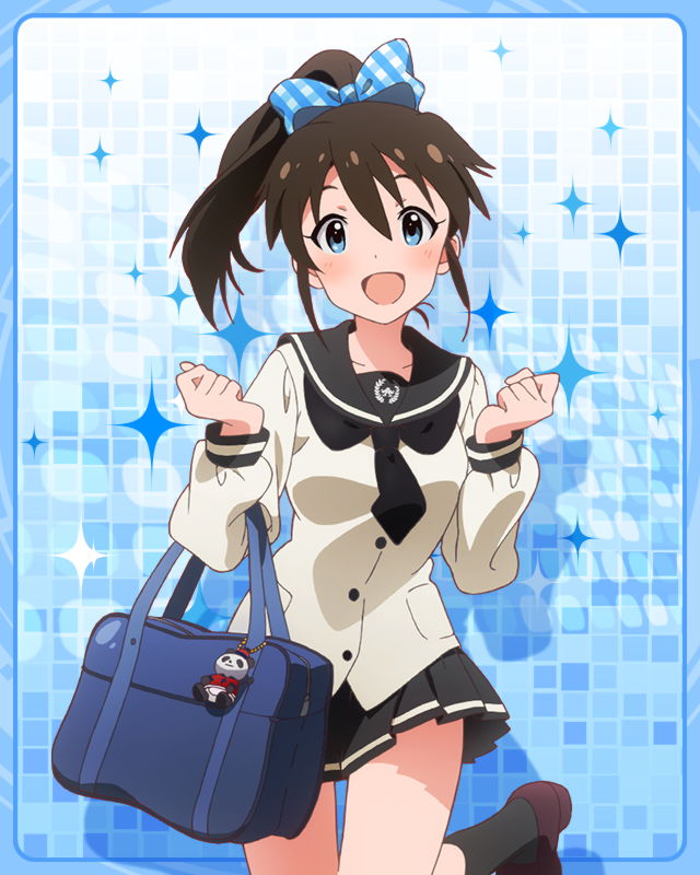 10s 1girl :d bag blue_background blue_eyes brown_hair female_focus hair_ribbon idolmaster idolmaster_million_live! kawakami_tetsuya looking_at_viewer official_art open_mouth ponytail ribbon satake_minako school_bag school_uniform smile solo