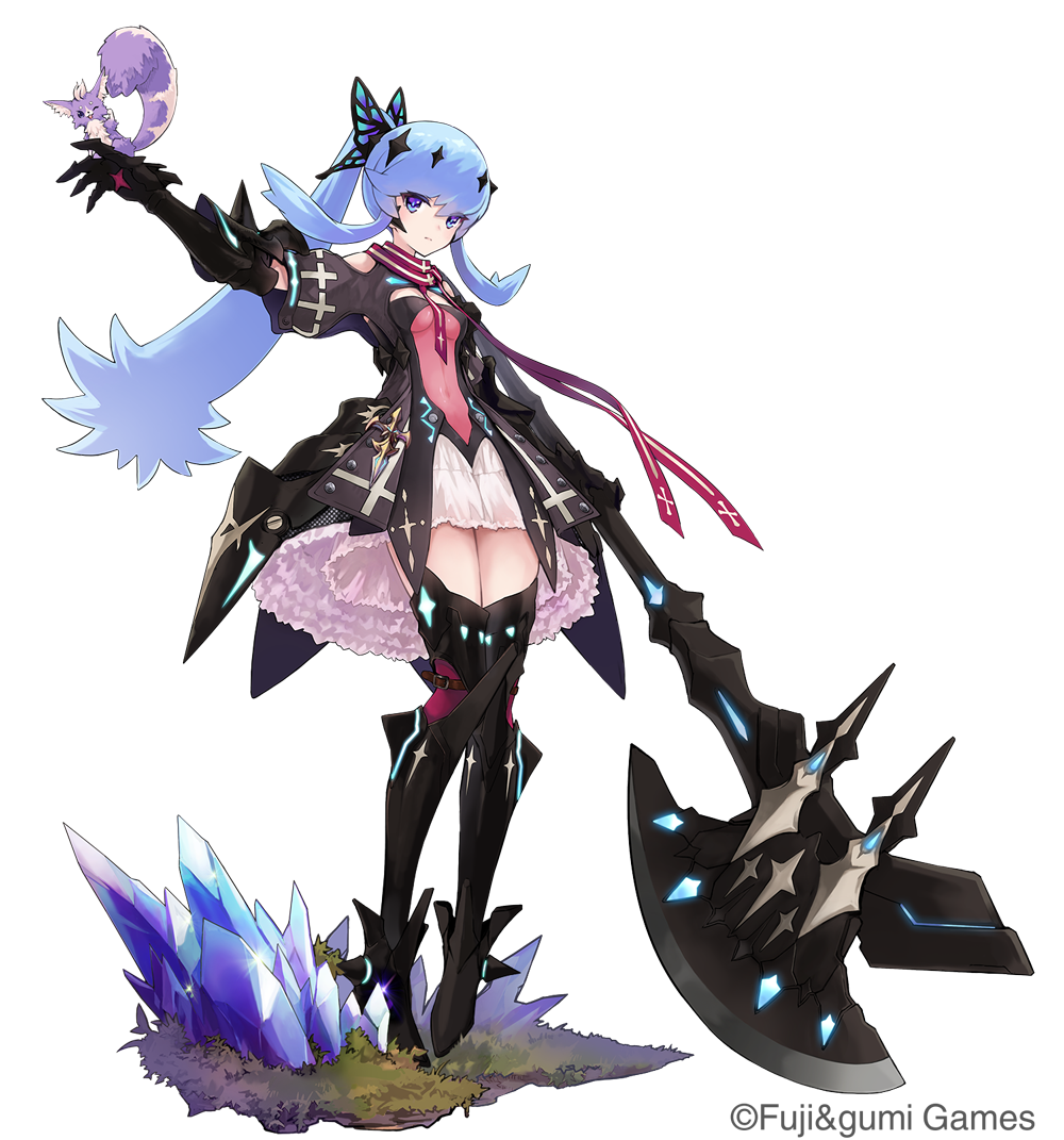 1girl armored_boots axe battle_axe black_footwear blue_eyes blue_hair boots butterfly_hair_ornament commentary_request covered_navel crystal_shards full_body hair_ornament holding holding_axe huge_weapon long_hair looking_at_viewer official_alternate_costume official_art outstretched_arm ponytail rinzo second-party_source simple_background solo spica_(ta_ga_tame_no_alchemist) squirrel standing star_(symbol) star_hair_ornament ta_ga_tame_no_alchemist transparent_background weapon