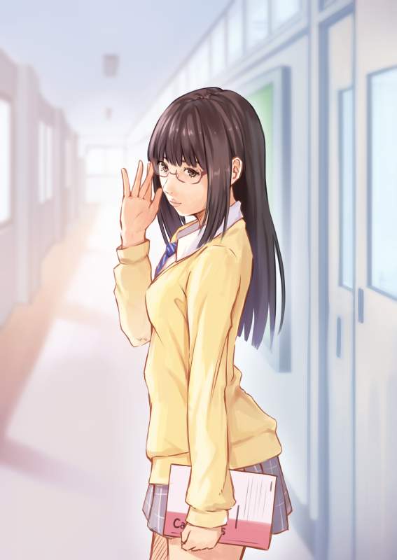 1girl adjusting_eyewear black_hair brown_eyes cardigan cowboy_shot female_focus glasses long_hair long_sleeves looking_at_viewer original oukatihiro school_uniform shirt skirt solo thighs