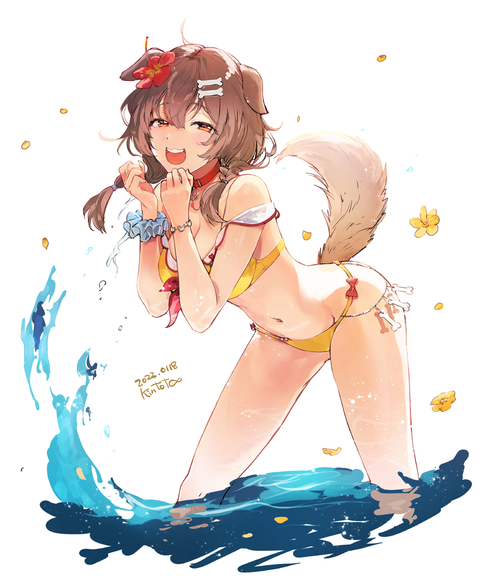 1girl :d animal_ears bare_shoulders bikini blush bone_hair_ornament breasts brown_eyes brown_hair cropped_legs dated dog_ears dog_girl dog_tail flower hair_between_eyes hair_flower hair_ornament hololive inugami_korone kintotomaturi long_hair medium_breasts open_mouth petals red_flower scrunchie signature simple_background smile solo swimsuit tail virtual_youtuber white_background white_flower wrist_scrunchie yellow_bikini