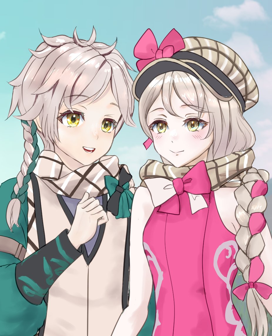 1boy 1girl blonde_hair braid brother_and_sister brown_scarf clanne_(fire_emblem) fire_emblem fire_emblem_engage framme_(fire_emblem) green_hair long_hair looking_at_viewer marie_dqx multicolored_hair nintendo open_mouth pink_hair plaid_clothes plaid_headwear plaid_scarf scarf siblings single_braid smile twins two-tone_hair yellow_eyes