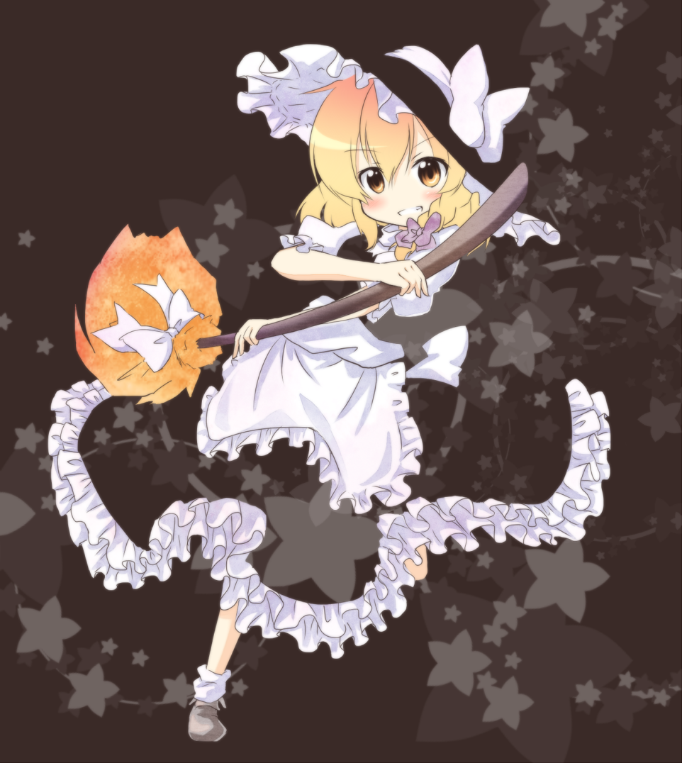 1girl apron black_dress blonde_hair blush braid broom broom_ribbon dress female_focus frills full_body grin hair_ribbon hat hat_ribbon kirisame_marisa ribbon smile solo star_(symbol) tobi_(nekomata_homara) touhou witch witch_hat yellow_eyes