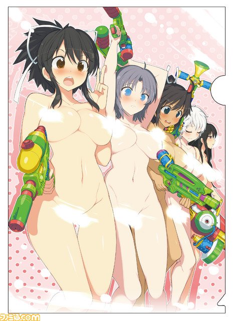 10s 5girls asuka_(senran_kagura) black_hair blue_eyes blush bow breasts brown_eyes censored censored_nipples colored_skin dark-skinned_female dark_skin grey_hair hair_bow homura_(senran_kagura) kagura_(senran_kagura) large_breasts miyabi_(senran_kagura) multiple_girls navel nude senran_kagura senran_kagura_peach_beach_splash water_gun white_hair white_skin yaegashi_nan yumi_(senran_kagura)