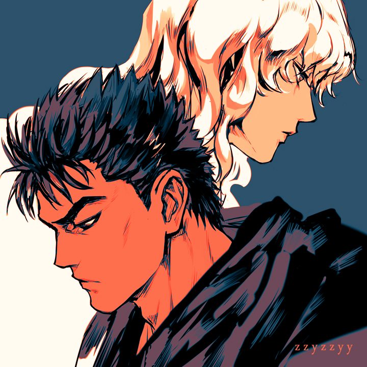 2boys artist_name berserk black_eyes black_hair blonde_hair blue_background closed_mouth commentary from_side griffith_(berserk) guts_(berserk) long_hair looking_down male_focus multiple_boys portrait profile scar scar_on_face short_hair spiked_hair thick_eyebrows two-tone_background wavy_hair white_background zzyzzyy