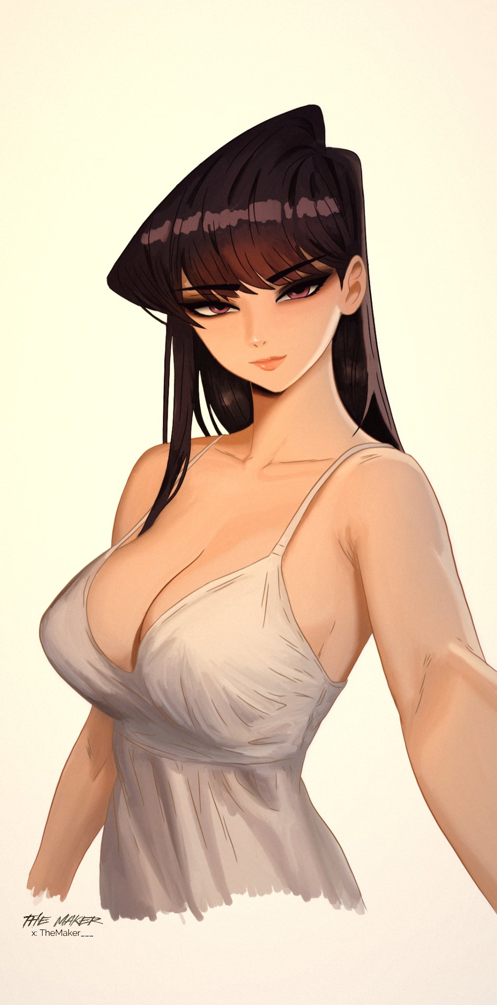 1girl bare_shoulders black_hair breasts collarbone komi-san_wa_komyushou_desu komi_shouko large_breasts long_hair solo