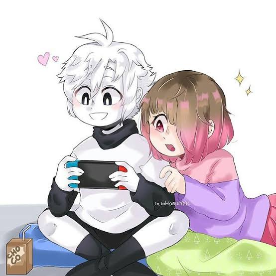 black_shorts black_socks black_sweater brown_hair controller drinking_straw game_controller gamepad glitchtale pink_sweater purple_sweater short_hair shorts skirt smile socks sweater undertale white_background white_hair white_sweater x!chra xtale